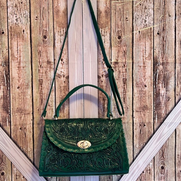 Green Handbag Mini Sara Hand-Tooled Artesian 100% Genuine Leather (H) - Picture 7 of 13